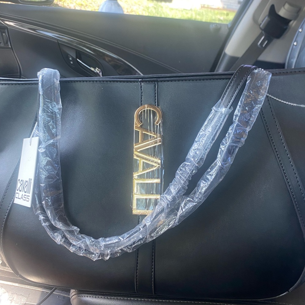 Cavalli Class Black Shoulder Bag with Gold-Tone Hardware